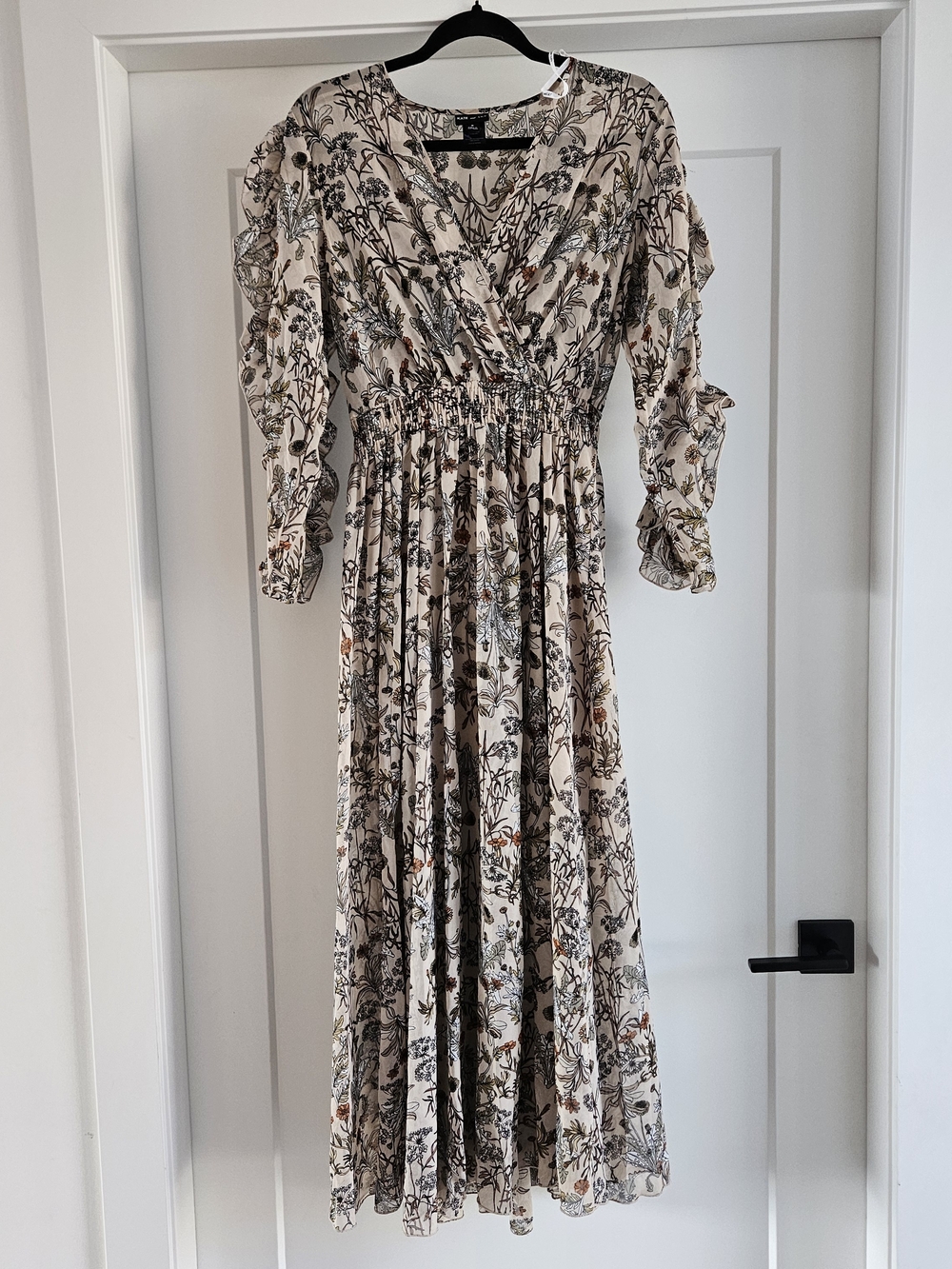 Botanical Print Cream Maxi Dress with Gathered Waist